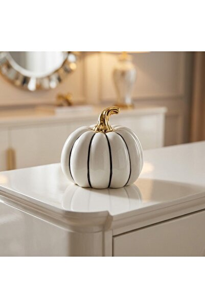 Ornament24 Dovleac decorativ din ceramica, alb cu dungi negre si codita aurie...