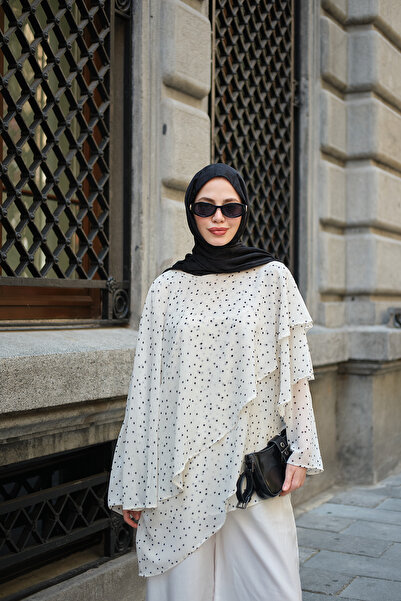 LOCCO Women's Small Polka Dot Cape Detail Layered Tunic White