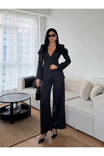FLOWERİNG Women's Black Pleated Pants Jacket Set