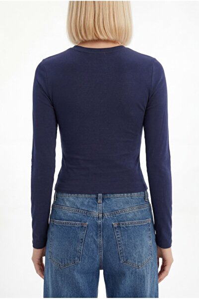 Lavix Navy Blue Women's Long Sleeve Basic Body Flexible Cotton Slim Fit Casual Blouse