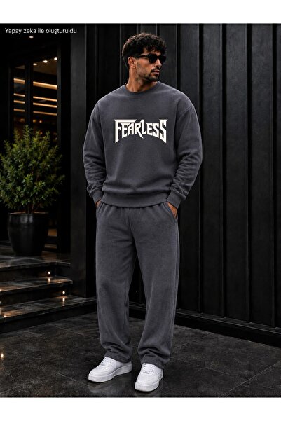 caddekombin Men's Fearless Slogan Printed Crew Neck Regular Fit Men's Tracksu...