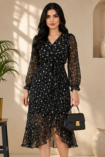 Stylish Fashion فستان من ستايلش فاشن تركي قصير باللون الأسود المشجر تصميم لف ...