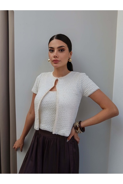 ESRAHELVACI Pullu Triko Crop Hırka Takım