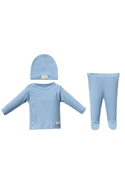 bebegen Unisex Blue and White Dotted Self-Gloved Beret 3 Piece Set