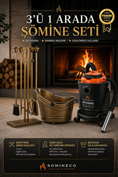 SOMINECO 3’lü Şömine Seti – 1200W 18 L Kül Süpürgesi, 5 Parça Antik Pirinç Şömine Maşa Seti ve Kül Odun Kovası