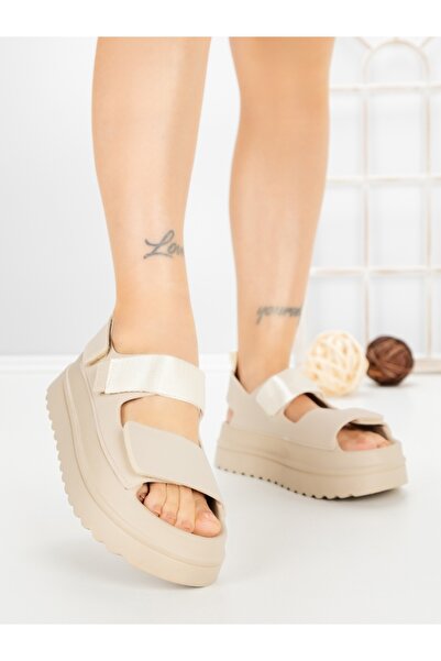 Annalise Sandale dama cu platforma bej din piele ecologica si material textil...