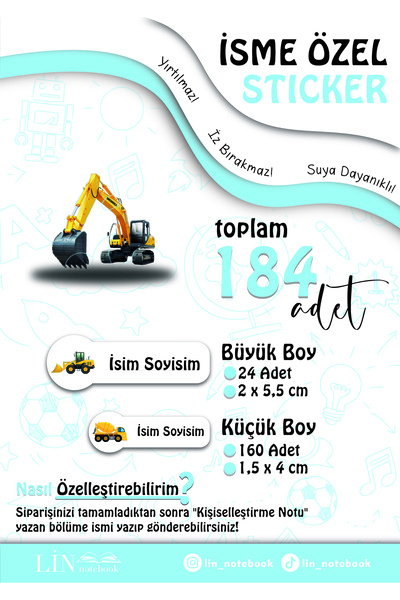 lin notebook İş Makinaları İsme Özel Sticker Kalem Defter Okul Etiketi, Sudan...