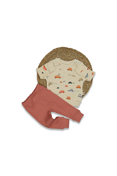bebegen Baby Boy Ecru Orange Colored Car Patterned Corded Set of 2
