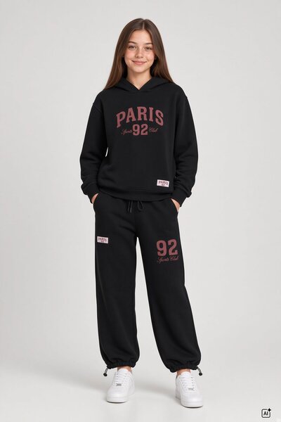 CansınMini Black Girls' Text Printed Stopper Long-Sleeved Tracksuit Set 24718