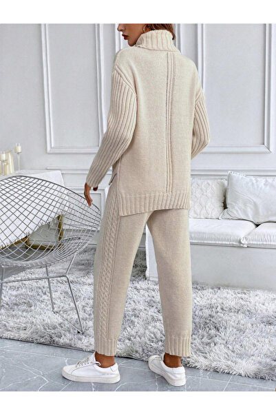 SAYZEN YOUR SHİNE Set de tricotaje pentru femei, pulover cu guler înalt și pantaloni, cu detaliu cu șliț