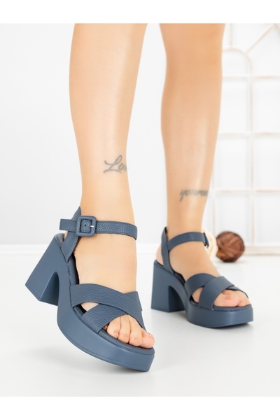 Anderina Sandale dama cu toc gros si platforma albastre din piele ecologica R...