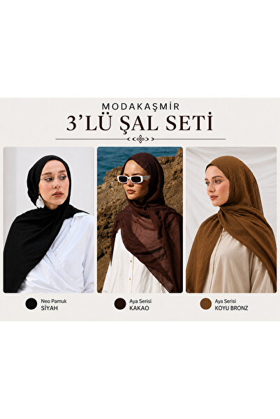 Modakaşmir 3-Piece Shawl Set (Neo Black+ Aya Cocoa+ Aya Dark Bronze)