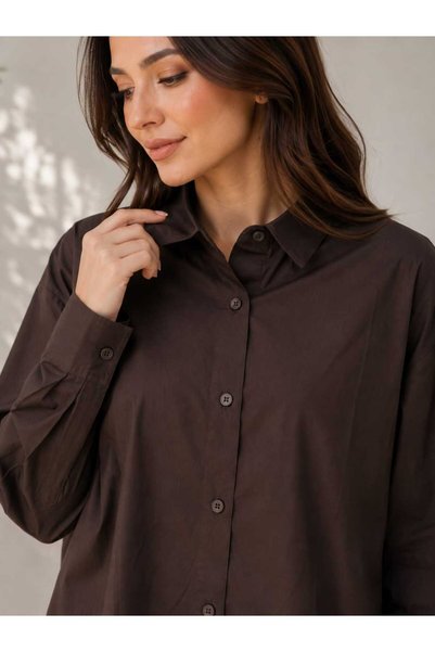 Milera Women's Brown Poplin Shirt with Shoulder Padding, Long Sleeves, Buttoned, Comfortable Fit