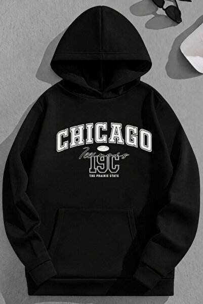 K KOZZ STYLE Unisex 3 Thread Cotton Black Chicago19C Φούτερ με στάμπα Loose F...
