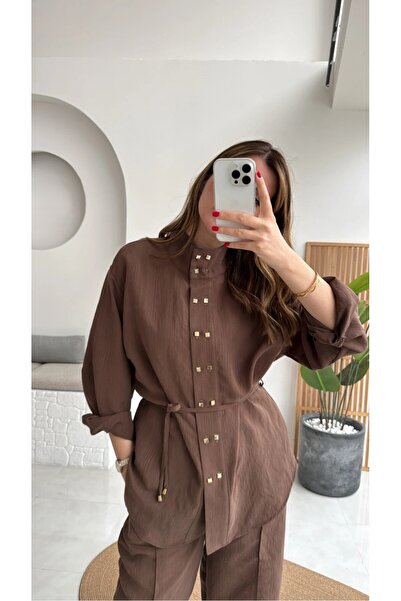 Burcia Gold Buttoned Brown Belted Tencel Suit