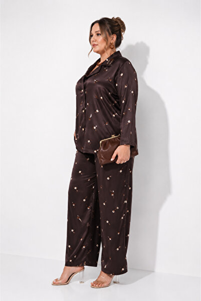 DARKWIN Plus Size Floral Patterned Buttoned Jacket Look Loose Pants Women's T...