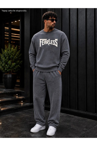 caddekombin Men's Fearless Slogan Printed Crew Neck Regular Fit Men's Tracksu...