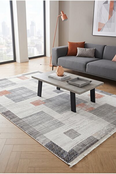 Pastel Modern Zarif Geometrik Desenli Gri Terra Renginde Halı Oturma Odası Sa...