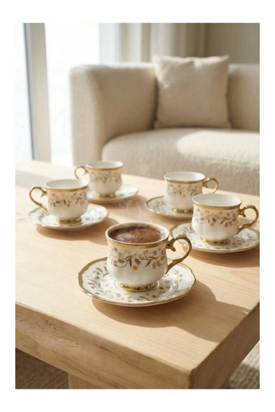 ACAR Gold Detailed Floral Patterned White Porcelain Coffee Set, Set of 6