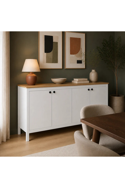 Adore Mobilya Rustik 4 Kapaklı Konsol Florida Meşe - Beyaz 181x85x45 cm