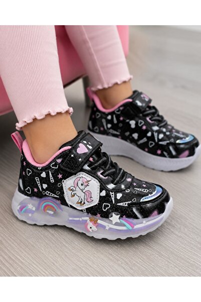 kuromi 727 Ortopedik Kız Çocuk Siyah Işıklı Sneaker