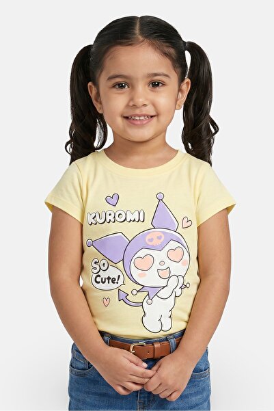 SANRIO Toddlers Girl Crew Neck Short Sleeve Kuromi Print T-Shirt, Light Yellow
