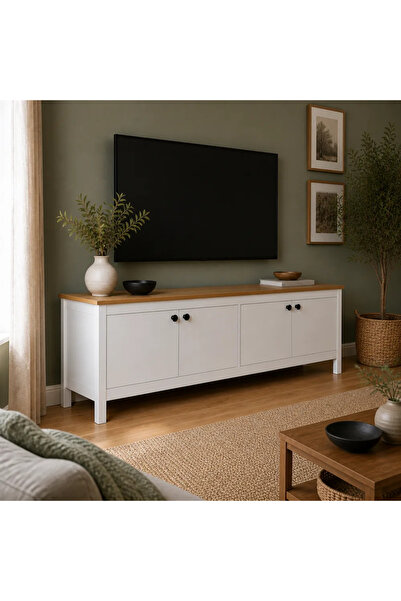 Adore Mobilya Rustik Tv Ünitesi florida Meşe - Beyaz 181x57x40 cm