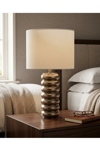 PLUS13 Modern Table Lamp with Scalloped Metal Base and Fabric Shade