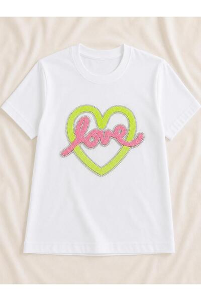 KESKİN AKSESUAR NEON KALP LOVE YAZILI TAŞLI YAPIŞTIRMA APLİKE (PEMBE-YEŞİL) Ü...