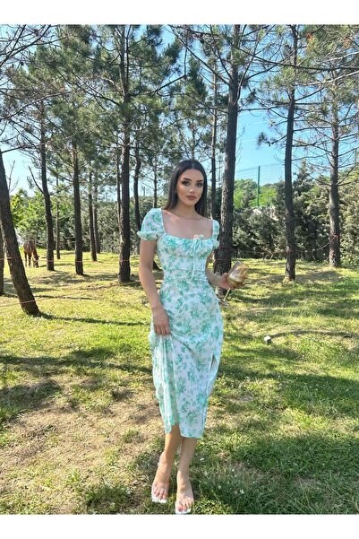 NEW JOURNAL Women's Green Floral Patterned Madonna Collar Midi Dress Yel221222