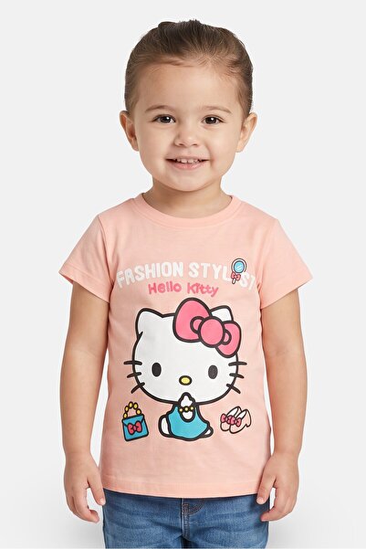 SANRIO Toddlers Girl Crew Neck Short Sleeve Hello Kitty Print T-Shirt, Peach