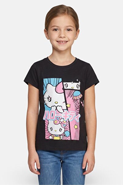 SANRIO Kids Girl Crew Neck Short Sleeve Hello Kitty Print T-Shirt, Black