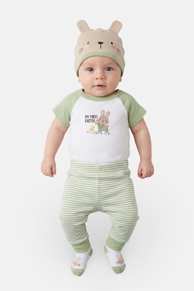 Baby Essentials Toddlers Boy 4 Pcs Embroidered Bodysuit And Pants With Beanie...