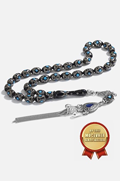 MEKS JEWELS Firuze ve Gümüş İşlemeli Oltu Tesbih