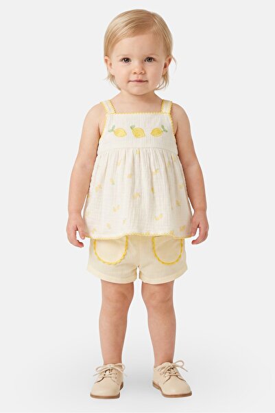 Baby Essentials Toddlers Girl 2 Pcs Embroidered Top And Shorts Set, Yellow