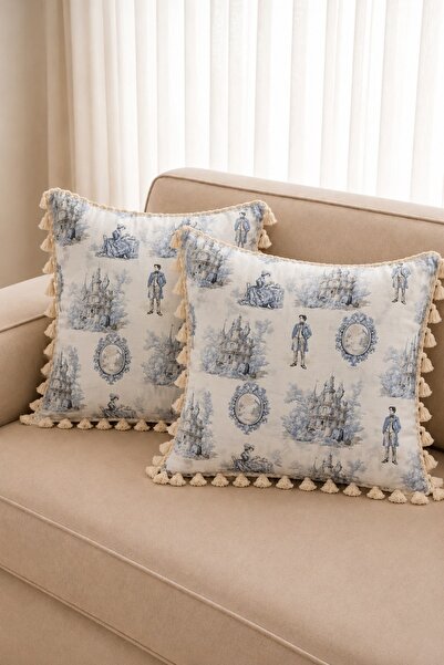 Luxoras Home Duck Kumaş Fransız Şato Desenli Püsküllü Dekoratif Kırlent Kılıf...