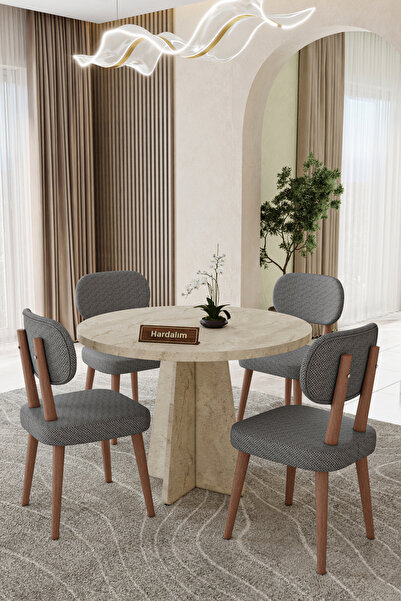 UZMHOME Yuvarlak 90 x 90 4 Sandalyeli Mutfak Masa Takımı Yemek Masası Salon T...