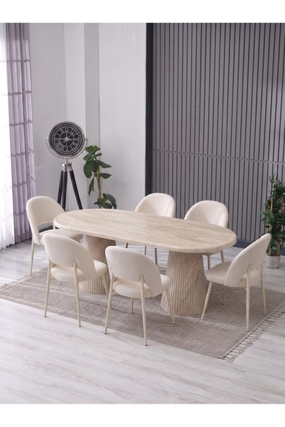 JoyMassa MERİ 90X180 BOHEM MASA - 6 ADET AY SANDALYE / KALVE KUMAŞ-MEBRAN MASA