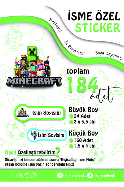 lin notebook Minecraft İsme Özel Sticker Kalem Defter Okul Etiketi, Sudan Etk...