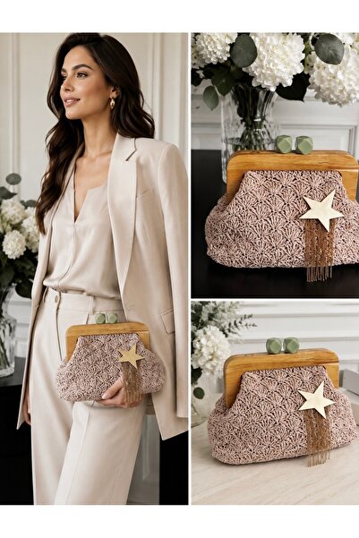 Rakani El Örgüsü Kadın Clutch Çanta Pudra Ahşap Çerçeveli Yıldız ve Zincir De...