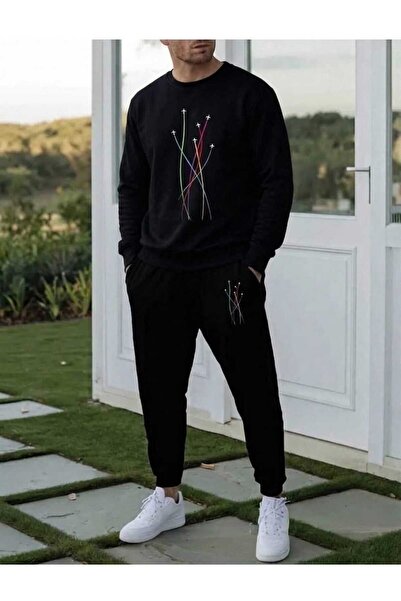 WOODROFFE Men's Jet Airplane Printed Oversize Crew Neck Tracksuit Set Loose Fit