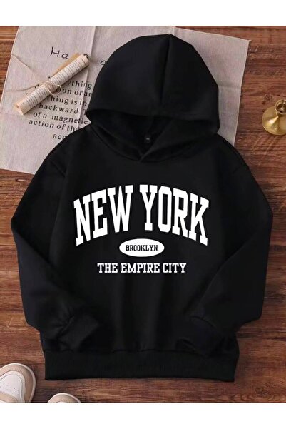 MORNİNG KİDS سويت شيرت أسود بغطاء رأس مطبوع عليه NEW YORK للفتيات