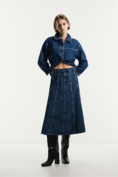 LEFTIES Godet detaylı midi denim etek