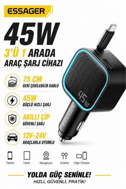 essager 45W Araç Şarj Cihazı Geri Çekilebilir Type-C Kablolu PD Hızlı Şarj Çakmaklık Adaptörü 75cm K