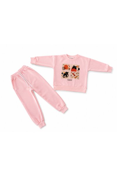Generic Brand Girl's Cat-Printed Corded Top and Bottom Set