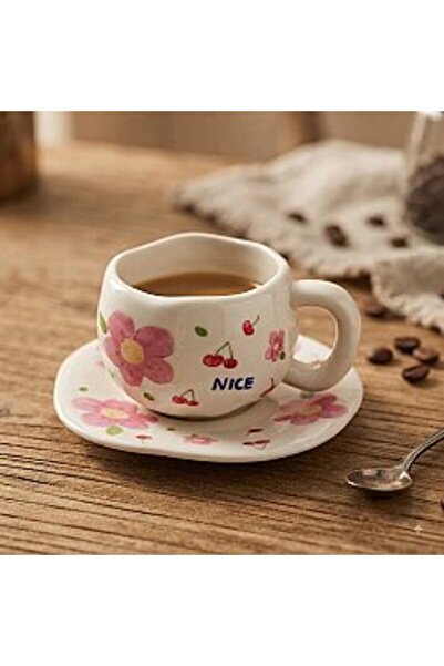 PALTO TASARIM Pink Flower Design Cream Turkish Coffee Cup - Gift Ceramic Turk...