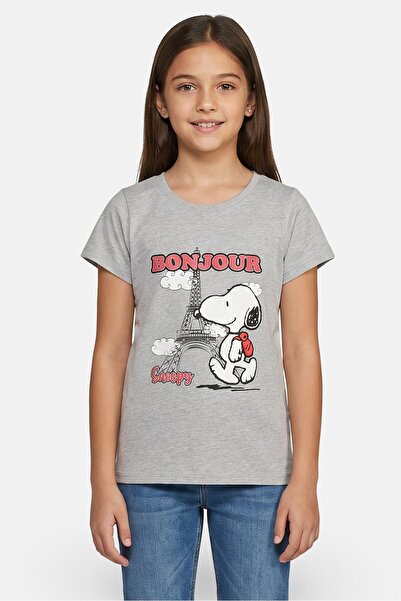 PEANUTS Kids Girl Crew Neck Short Sleeve Bonjour Print T-Shirt, Grey