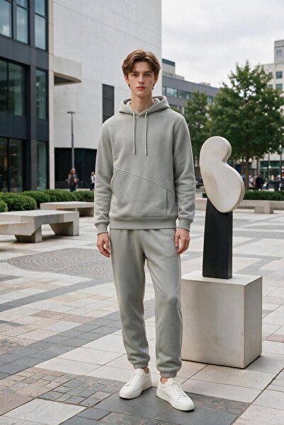 ELAFRO Men's Gray 3 Thread Hooded Tracksuit with Fleece Inside and Side Pockets