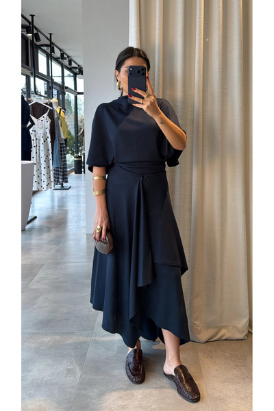 My Blog Navy Blue Modal Asymmetrical Skirt Suit - 261024