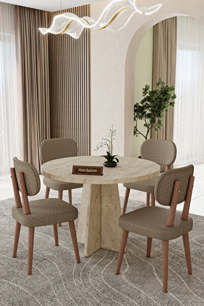 UZMHOME Yuvarlak 90 x 90 4 Sandalyeli Mutfak Masa Takımı Yemek Masası Salon T...